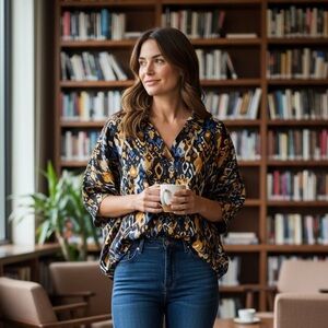 Umgee Blue and Orange Patterned Blouse